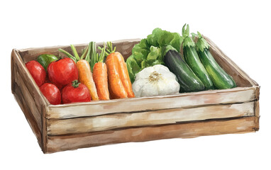 Fresh vegetables in wooden box on transparent background, png	