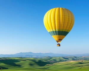 Wall Mural - A single hot air balloon floating over a quiet countryside, clear blue sky and rolling hills below, Bright light, peaceful, rural charm