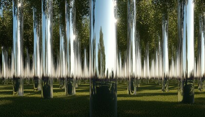 A forest where trees have metallic trunks and leaves made of glass, reflecting both the beauty of nature and the precision of technology