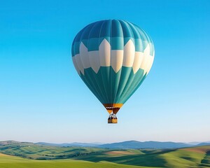 Wall Mural - A lone hot air balloon soaring over a wide expanse of rolling green hills under a clear blue sky, Peaceful, bright light, serene