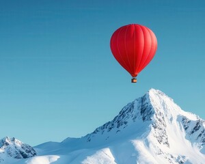 A single hot air balloon floating above a snowy mountain peak, with the clear sky and crisp winter sun, Majestic, cool tones, bright light