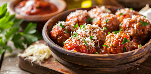 Wall Mural - Juicy meatballs in rich tomato sauce served in a rustic kitchen with fresh ingredients