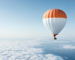 Wall Mural - A single hot air balloon floating high above the clouds, with a bright blue sky and the earth far below, Dreamlike, soft sunlight, ethereal