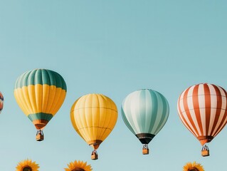 Wall Mural - A group of hot air balloons floating above a tropical island, clear turquoise waters below, Bright sunlight, clear sky, vibrant colors