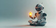 © Iriyalo - A futuristic robot sitting cross-legged while holding a glowing light bulb, representing creativity and inspiration in a modern, minimalist setting
