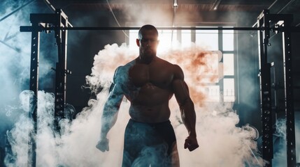 Wall Mural - A man with a muscular build stands in front of a cloud of smoke