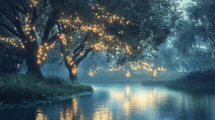 Canvas Print - Envision a serene riverside scene where trees along the bank are illuminated with soft, glowing lights.