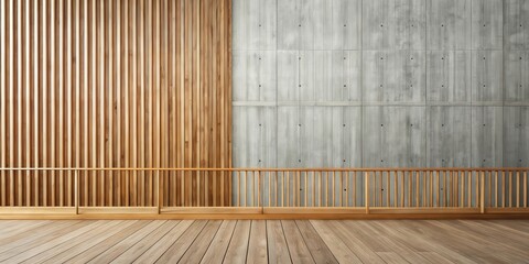 Poster - render of wooden balcony against large concrete wall, minimalist design