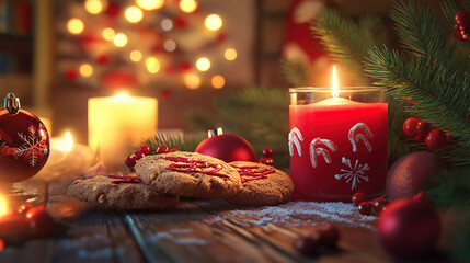 Wall Mural - Warm Christmas Atmosphere with Cookies and Flickering Candlelight