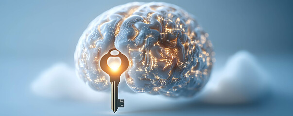 Wall Mural - A brain-shaped lock with a glowing key inserted, symbolizing unlocking the mind’s potential.