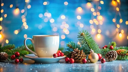 Poster - Christmas coffee cup surrounded by holiday decorations on blue background with bokeh lights