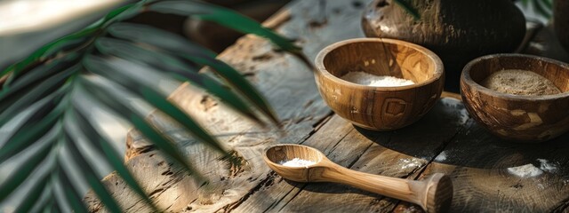 Wooden bowls with flour and sugar on a rustic table