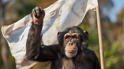 Monkey Waving White Flag: A playful monkey waving a white flag with one hand. 
