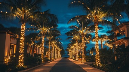 Sticker - Imagine a coastal village at night, where the palm trees lining the streets are illuminated with soft, glowing lights.