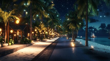 Poster - Imagine a coastal village at night, where the palm trees lining the streets are illuminated with soft, glowing lights.