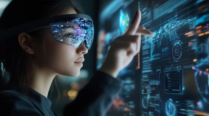 Poster - digital workspace with an array of interactive gadgets, including augmented reality glasses, smart pens, and multi-touch surfaces,
