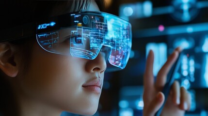 Poster - digital workspace with an array of interactive gadgets, including augmented reality glasses, smart pens, and multi-touch surfaces,