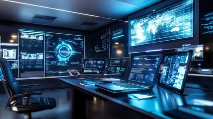 Poster - high-tech workspace filled with cutting-edge digital devices, from sleek laptops and interactive screens to virtual reality headsets,