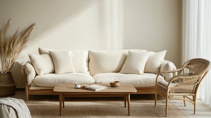 A cozy and modern living room featuring a stylish beige sofa and natural decor, perfect for relaxation and comfort.