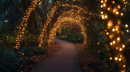 Poster - quiet garden path illuminated by tree lights that guide the way with a gentle glow.