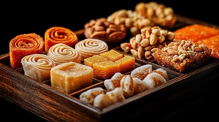 Diwali sweets and snacks arranged on a festive table macro lens close-up clean sharp focus ultra-detailed