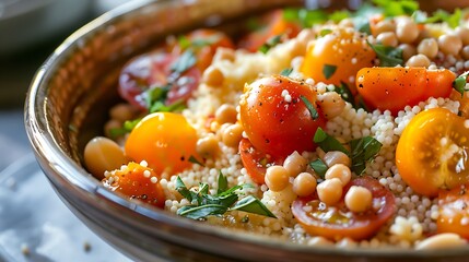 Wall Mural - A bowl of food on a table with tomatoes, orange vegetables, herbs, and a few beans