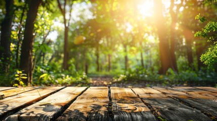 Poster - A wooden table with a view of a forest