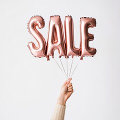 Wall Mural - Rose gold balloon with the word SALE held by hand against white background