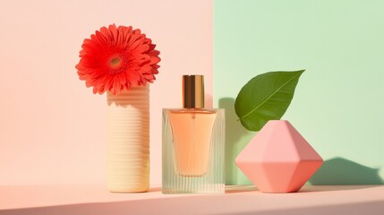 Aufkleber - Elegant Perfume Display with Red Flower, Transparent Bottle, Pink Vase, and Green Leaf Against Pastel Background in Soft Diffused Lighting