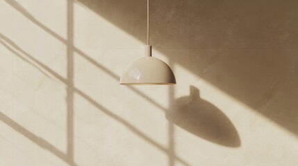 Poster - Warm Golden Light Reflecting on Soft Cream Marble Surface from Hanging Lamp, Capturing Tranquility in Minimalistic Room