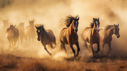 A herd of horses running through a dry prairie with a dust storm in the background. Wild horse galloping on the desert.