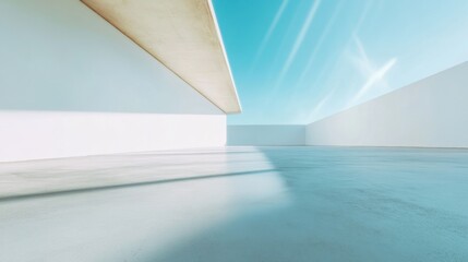 Poster - Minimalist White Concrete Interior with Natural Light Beams at Dawn – A Tranquil, Pastel-Toned Architectural Graph
