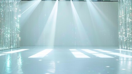 Poster - Serene Minimalist Space with Shimmering Light Beams and Soft Pastel White Floor