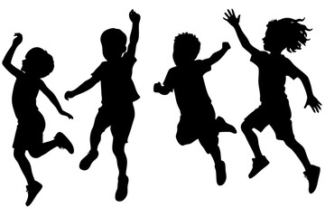 Children Kids Silhouette jump Set. Silhouettes of Kids Engaged in Sports, Hobbies, jump and Play on white background. Vector illustration.