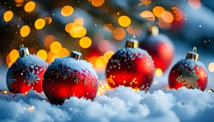 Festive Red Christmas Ornaments Nestled in Snow with Bokeh Lights Creating a Warm Holiday Atmosphere