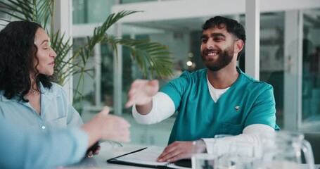 Poster - Nurse, handshake and meeting for deal, discussion and business with partnership and onboarding. Hospital office, workers or employees with teamwork, collaboration and support for medical internship