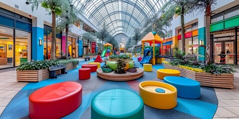 recreation area in shopping center with colorful playground equipment.