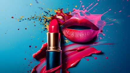 Lipstick with Paint Splashes: A bold lipstick with dynamic paint splashes flowing around it. 
