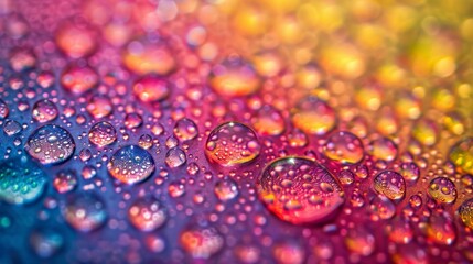 Poster - Close-up image of water droplets on a brightly colored surface with vivid and contrasting hues blending together