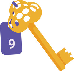 Poster - Golden key holding purple tag with number nine isolated on white background representing hotel room number and access