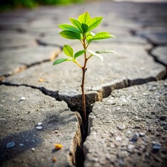 Tree Growing Through Cracks in Concrete A small tree breaking through cracks in the concrete, representing resilience and perseverance in tough conditions.