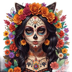 Wall Mural - Día de los Muertos, Mexican holiday Day of the Dead and Halloween. Vector illustration of a woman with sugar skull makeup - Calavera Catrina, cat, flowers and mexican objects for poster or background