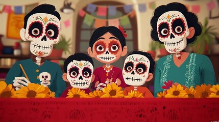 Colorful design featuring a family celebrating Day of the Dead with festive decorations and traditional sugar skull face paint.