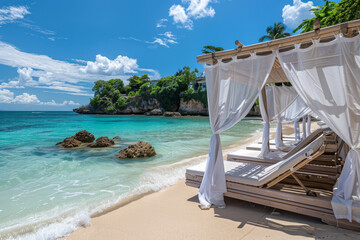 A beach with a white canopy and white curtains