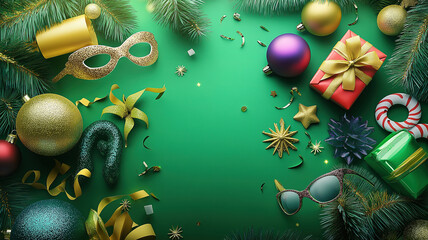 Wall Mural - Festive Party Accessories Including Masks and Christmas Decor on Green Background