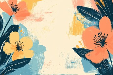 Wall Mural - Abstract Floral Painting with Yellow, Orange, and Blue Accents