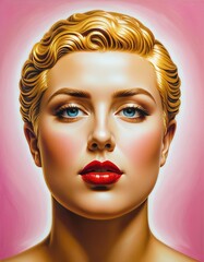 Wall Mural - Eye-catching pop art style portrait of a woman with blonde hair and vivid red lips. The bold colors and stylized features create a striking and modern image, perfect for contemporary art and design