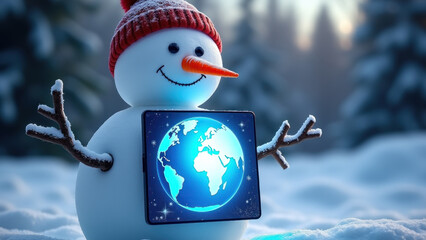 Wall Mural - Snowman holding tablet with glowing earth