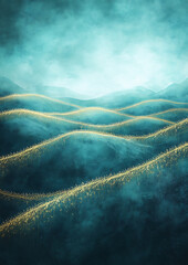 Wall Mural - golden grass waves on dark blue: a fantasy landscape digital art for tranquil greeting cards, invita