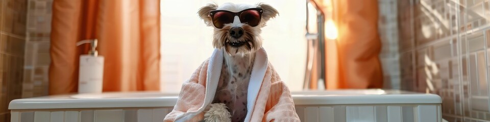 Wall Mural - A playful dog sitting on a toilet wearing sunglasses and a bathrobe, giving the impression of a relaxing day at the spa.